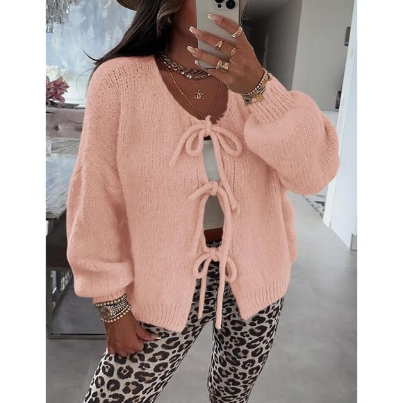 Women's Tie Front Bow Cardigan Sweaters Chunky Knit Long Puff Sleeve Trendy Fall - Picture 7 of 8